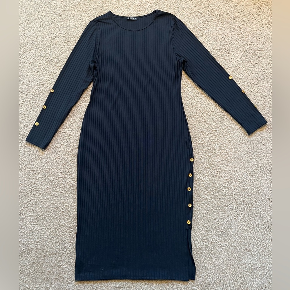 Shein Ribbed Maxi Dress, Wooden Button Detail, Side Slit, Color: Black, Size 1XL